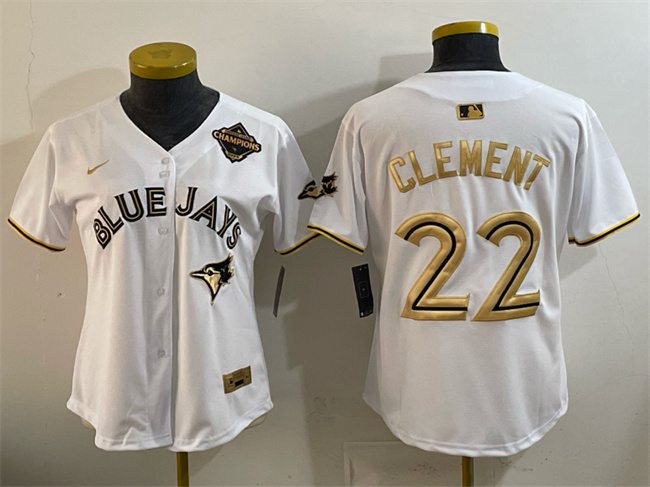 Youth Toronto Blue Jays #22 Ernie Clement White Gold 2025 American League Champions Limited Stitched Baseball Jersey Youth Toronto Blue Jays #22 Ernie Clement White Gold 2025 American League Champions Limited Stitched Baseball Jersey